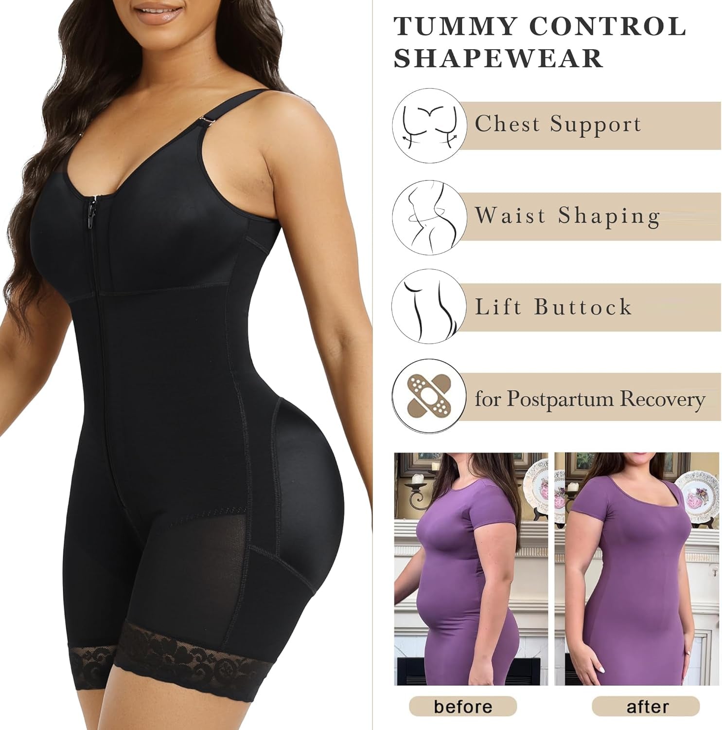 Fajas Colombianas Moldeadoras Postpartum Shapewear for Women Tummy Control Butt Lifter Body Shaper with Zipper Crotch